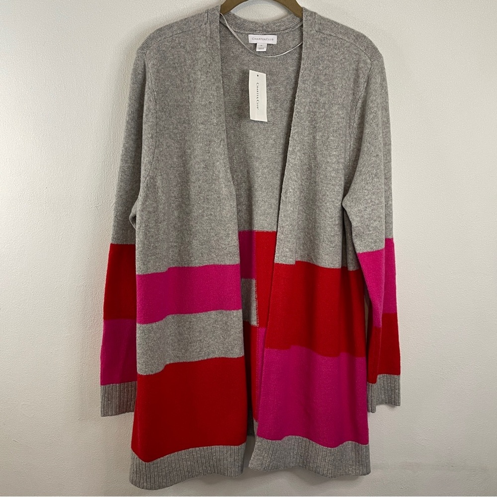 Women's Charter Club Color Block Cardigan Gray Pink Red NWT Sz XL